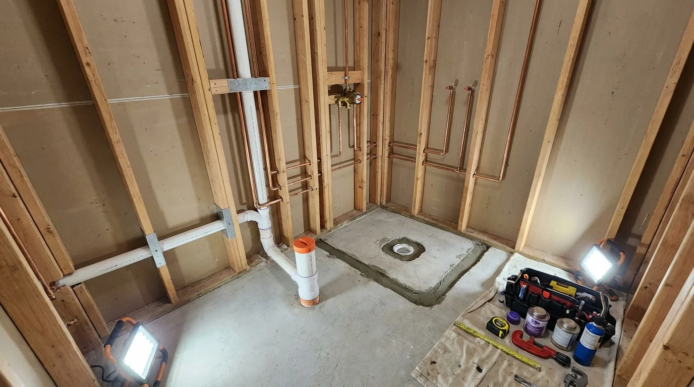 Bathroom rough-in plumbing during remodel by Johns Plumbing LLC in Buna
