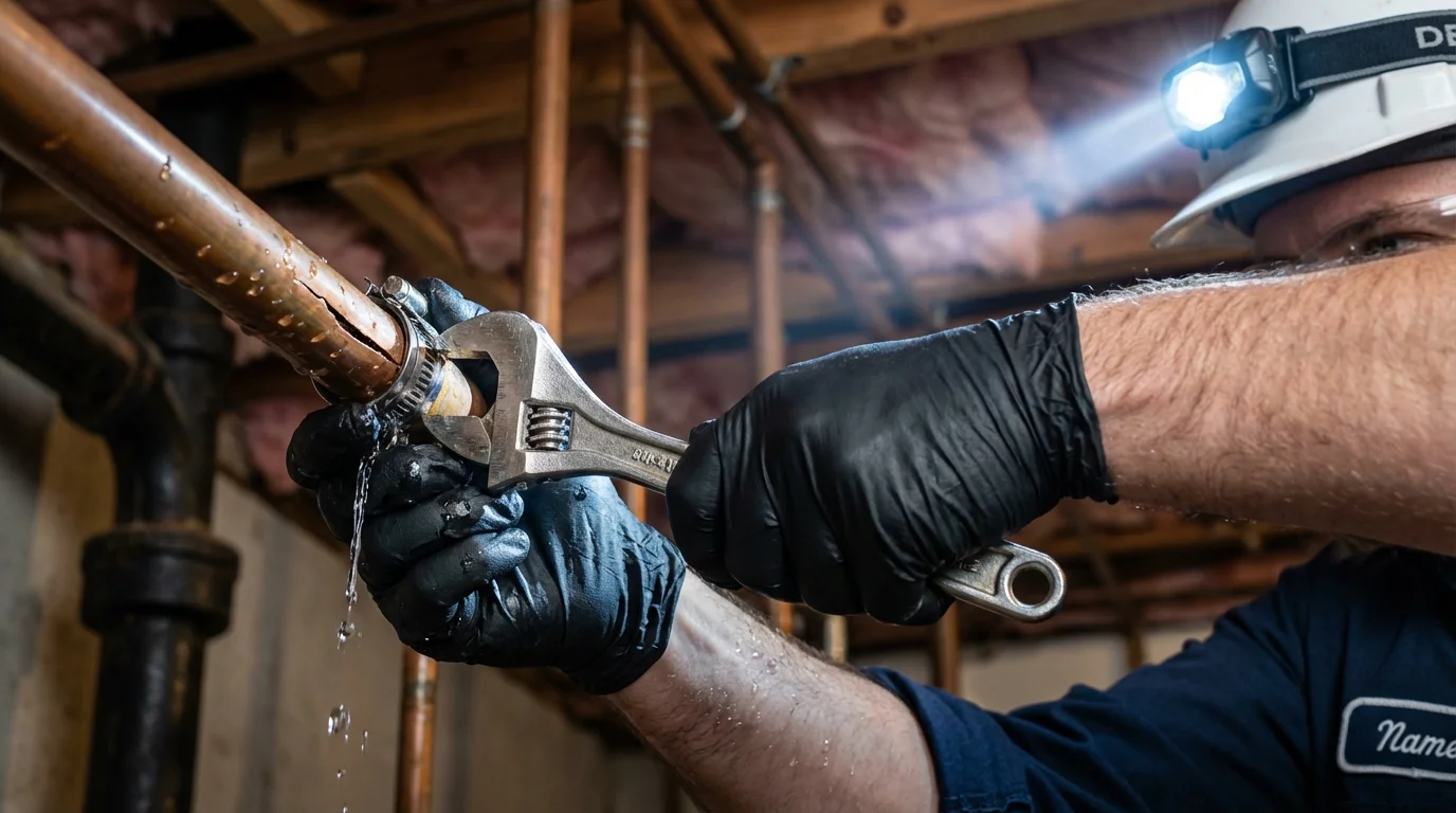 Emergency pipe clamp repair being performed by a Johns Plumbing LLC plumber in Buna
