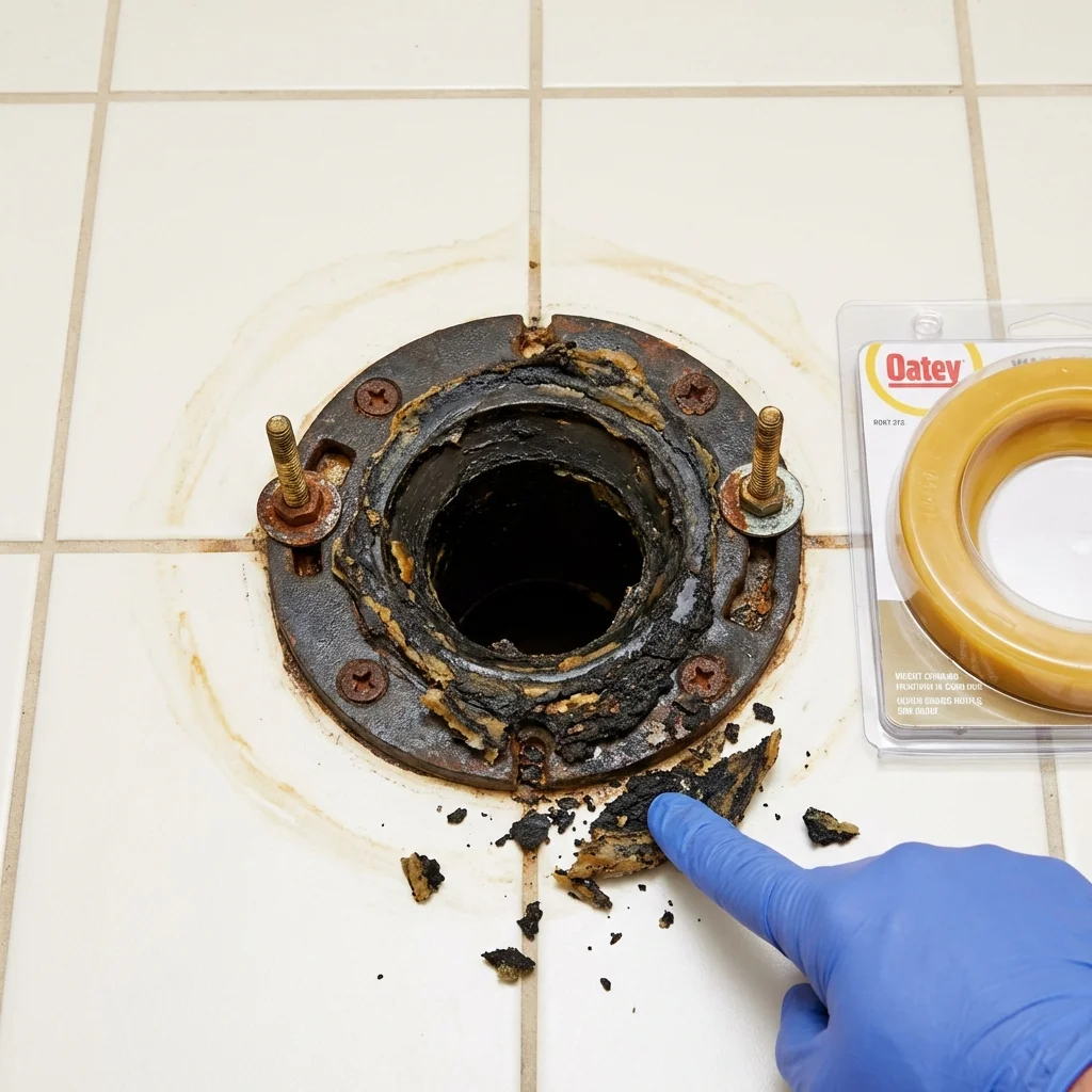 Failed wax ring showing water seepage at the base of a toilet in a Buna, TX home
