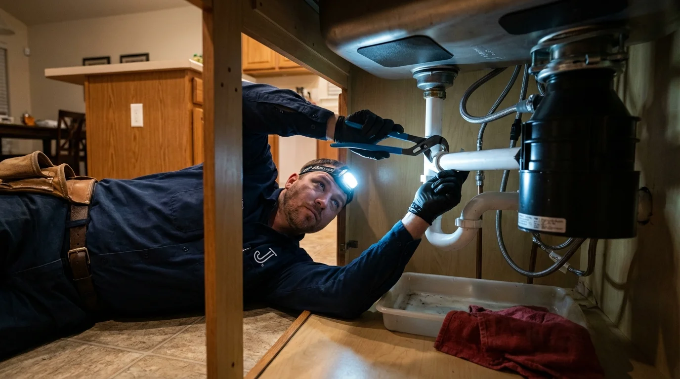 P-trap and supply line connections under a kitchen sink showing a common leak point in Buna, TX